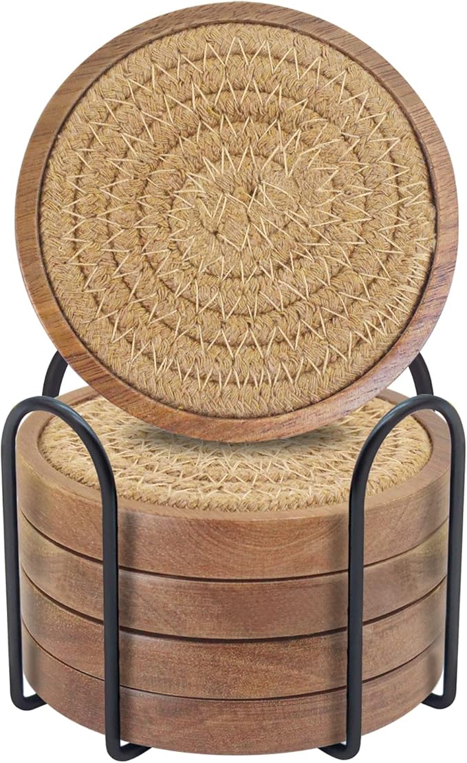 Eykao Coasters for Drinks Absorbent Sets of 5, Woven Coasters with Holder, Housewarming Gift for Farmhouse Home Decor, 4 inches