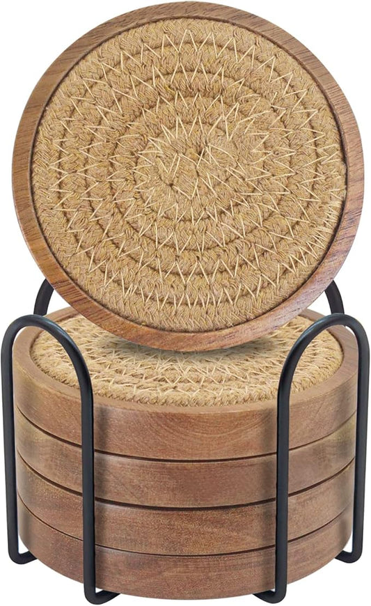 Eykao Coasters for Drinks Absorbent Sets of 5, Woven Coasters with Holder, Housewarming Gift for Farmhouse Home Decor, 4 inches