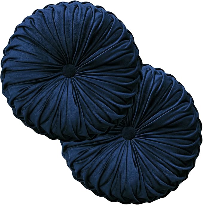 Teieas 2 Pcs Round Throw Pillows Decorative Pumpkin Velvet Boho Pleated Bed Pillows Back Support for Couch Chair Dorm Car 14.96'' (Navy Blue)