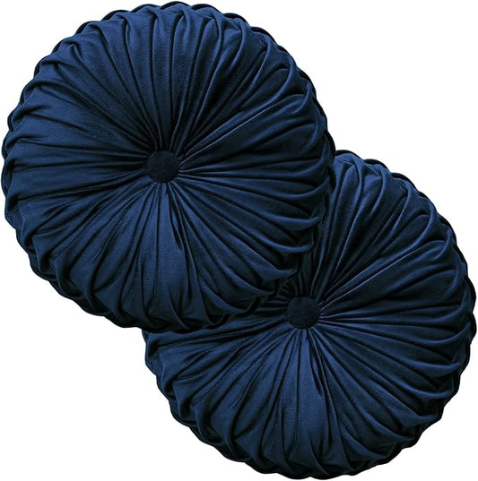 Teieas 2 Pcs Round Throw Pillows Decorative Pumpkin Velvet Boho Pleated Bed Pillows Back Support for Couch Chair Dorm Car 14.96'' (Navy Blue)