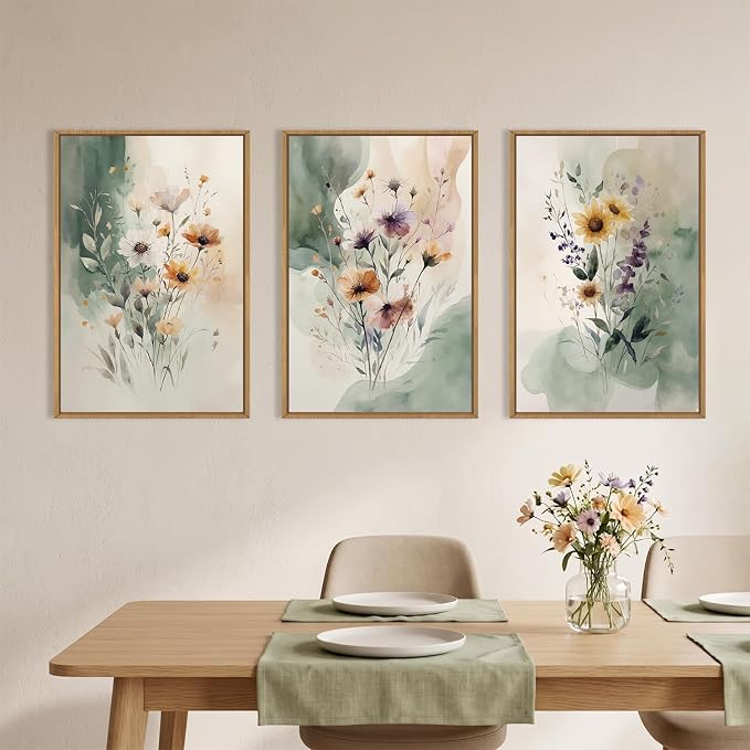 BICERE Large Vintage Wildflower Framed Canvas Wall Art,Rustic Watercolor Flowers Wall Decor,Boho Botanical Print,Retro Green Floral Artwork for Living Room,Bedroom,Dining Room -16"x24"x3