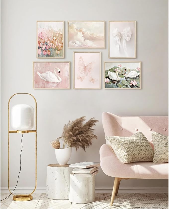 Coquette Pink Wall Art Decor Aesthetic Swan Posters Bow Flower Canvas Wall Art Preppy Cute Pictures Trendy Butterfly Posters Coquette Aesthetic Prints for Girl Dorm Bedroom 8x10x6 Inch Wood Framed