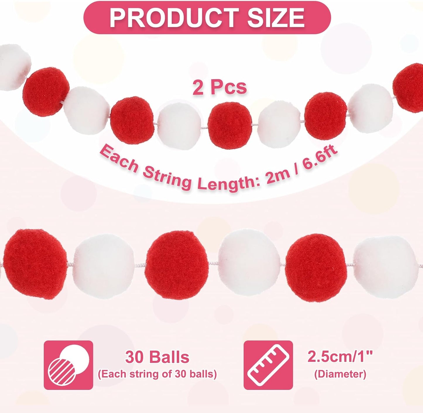 PATIKIL 13Ft Pom Pom Garland Decorations, 2Pcs Colorful Felt Ball Garland Banner Cute Rainbow Pompom Hanging Decorations for Tree Ornaments Homes Decor, Red/White