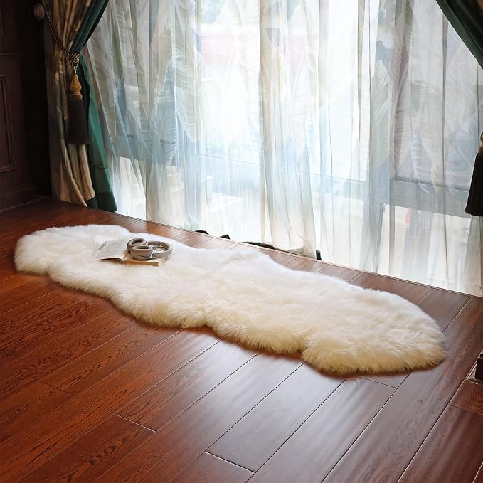 Genuine Sheepskin Rug New Zealand Luxury Lambskin Rug, Natural Fluffy Sheepskin Throw for Bedroom Living Room Children's Room - Premium Area Rug Chair Cover (2×6 Feet, Cream White)