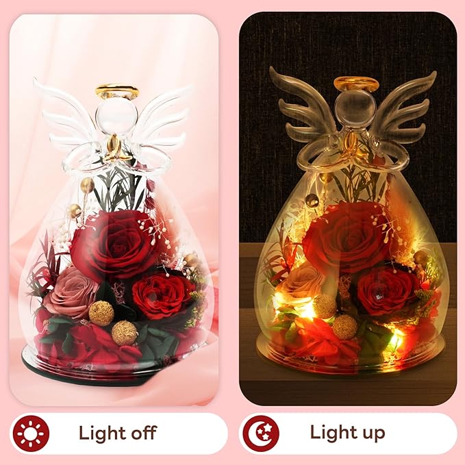 Red Preserved Rose Glass Angel Figurine, Romantic Gifts for Wife Girlfriend, Real Forever Flower I Love You Anniversary Birthday Presents for Her