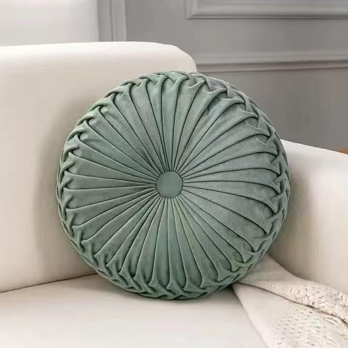 15" Round Pillow for Couch, Circle Velvet Pleated Throw Pillow,Decorative Round Floor Cushion,Pumpkin Chair Cushion for Bed Chair Car Sofa Home Decor Pea Green