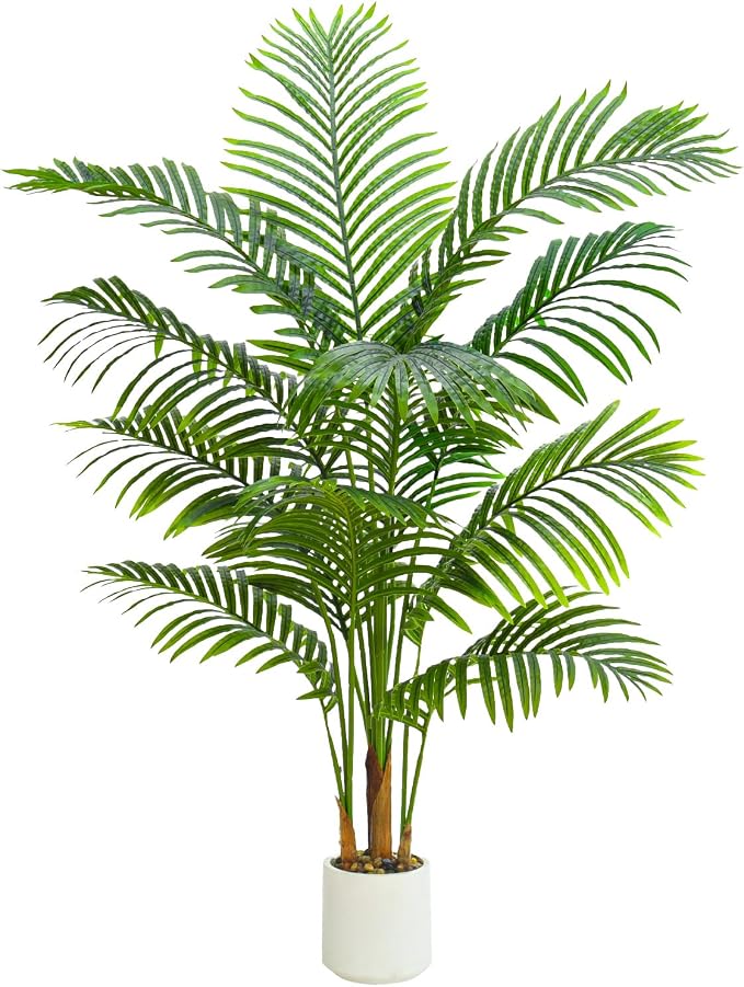 Artificial Palm Tree Indoor Plant 5FT Tall Fake Tropical Palm Tree in Pot, Real Bark Design Faux Areca Palm Tree for Home Office Living Room Bedroom Farmhouse Modern Outdoor Topiary Tree