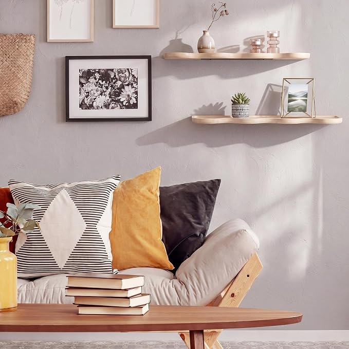 Pinkunn 2 Pcs Natural Wood Floating Shelves for Wall 24 Inch Wooden Wave Live Edge Floating Shelves Modern Scalloped Mounted Shelf Farmhouse Wall Decor for Home Living Room Bedroom Kitchen Decor