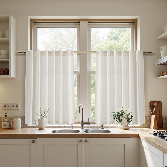 Nanspring Cream Short Linen Kitchen Curtains 36 Inch Length,Over Sink Light Filtering Semi Sheer Curtains Back Tab and Rod Pocket Drapes for Basement Bathroom Window, 2 Panels 42 x 36 Inch