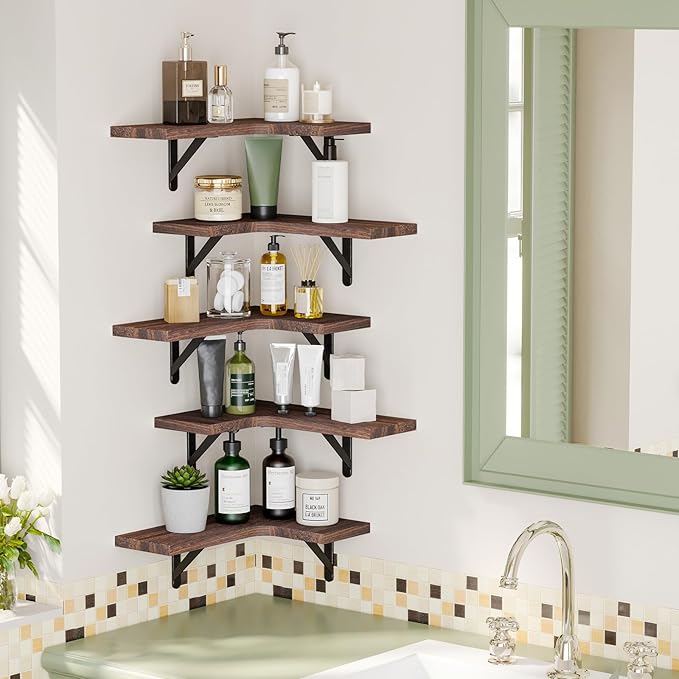 Fixwal Floating Shelves for Wall, Rustic Wood Wall Mounted Corner Shelf for Bathroom, Kitchen, Bedroom, Home Decor, Laundry Room, Living Room, Set of 5 (Walnut Brown)