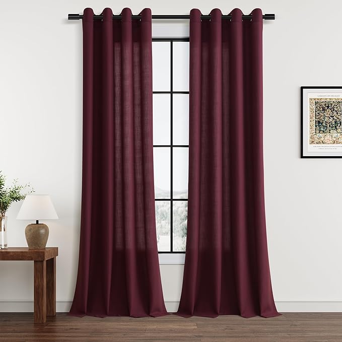 Aersas Burgundy 90 Inches Long Grommet Linen Curtains 2 Panels Set for Living Room Dining Semi Sheer Light Filtering Morden Farmhouse 90 Inch Length Window Curtain for Bedroom 52x90