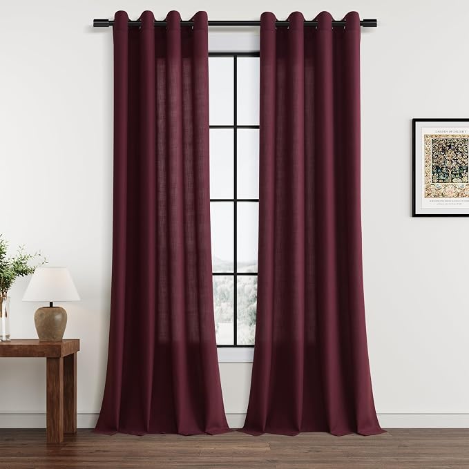 Burgundy Grommet Linen Curtains 96 Inches Long 2 Panels Set for Living Room Bedroom Sliding Glass Door Light Filtering Drapes 96 Inch Length Neutral Morden Farmhouse Semi Sheer Curtain for Office