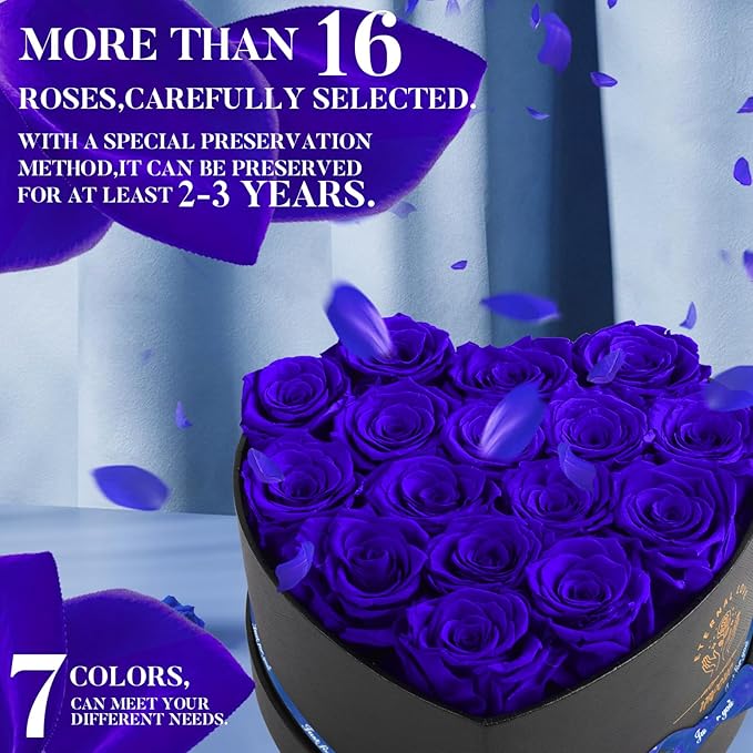 Impouo 16 Preserved Flower Delivery Prime, Preserved Roses in a Box, Birthday Gifts for Women, Mother's Day, and Valentine's Day-Blue Roses