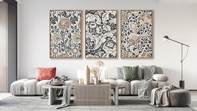 Large Flowers Wall Art for Living Room Natural Wood Float Framed Art Set of 3 William Morris Floral Canvas Pictures Vintage Artwork Botanical Canvas Poster Prints for Bedroom Wall Decor 20"X28"X3