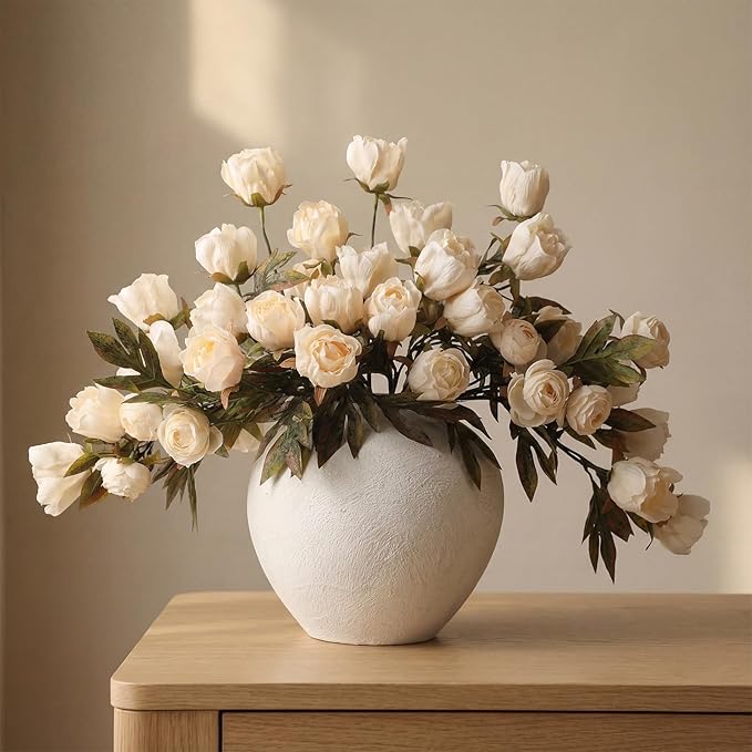 Thiccywoov 8 Pcs Beige Faux Peony Stems Flowers Bulk Vintage Artificial Silk Peonies Stems Real Look Fake Peonies Branches for Vase Filler DIY Bouquet Centerpieces Home Indoor Outdoor Decorations