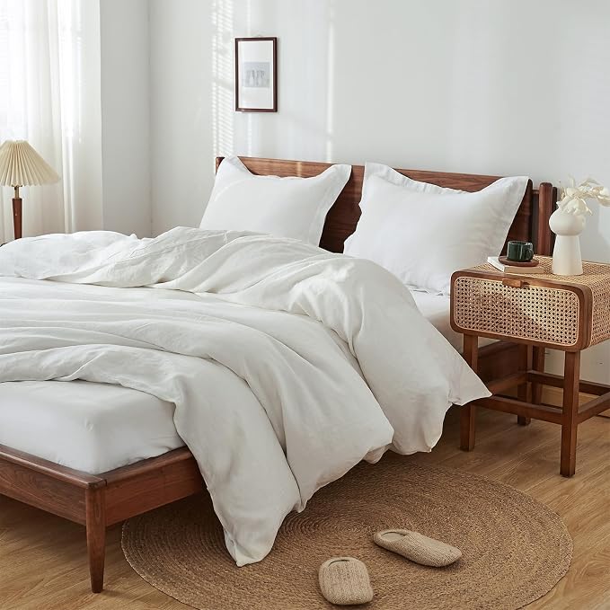 100% French Linen Pillow Shams Basic Style - Pack of 2 - Washed Solid Color Natural Flax Soft Breathable - White, 20'' x 36''