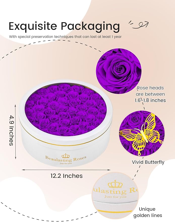 47 Preserved Roses Forever Flowers Real Roses in a Box Mother's Day Birthday Flowers for Her Mom Women Wife Valentine's Day, Purple Roses