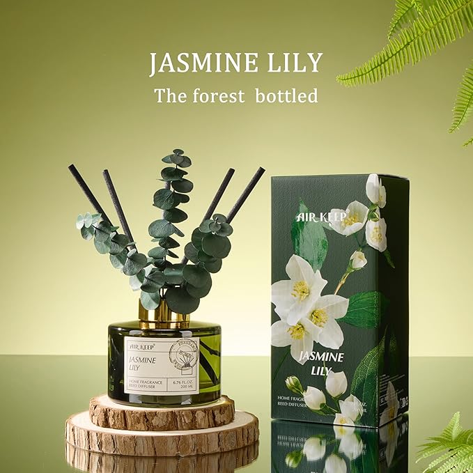 Airkeep Reed Diffuser Set with 6.76 fl oz Jasmine Lily Scent Essential Oils and 3 Leaves & 8 Diffuser Sticks,Bathroom Shelf Decor & Air Freshener, House Bedroom Office Decor & Gifts