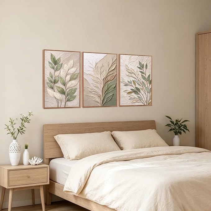 CHDITB 3D Neutral Foliage Impasto Textured Leaf Framed Canvas Wall Art Set, Sage Green Boho Botanical Rustic Country Wall Decor, Earth Tone Plant Art Prints for Living Room Bedroom Farmhouse 16"x24"x3