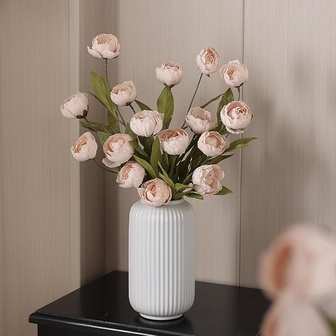 VIERENA 6 Pcs Faux Silk Peony Artificial Flowers for Vase -27", Bulk Fake Peonies Branches with Stems for DIY Bouquet Centerpieces Wedding Fillers Arrangements Shower Decorations (Beige)