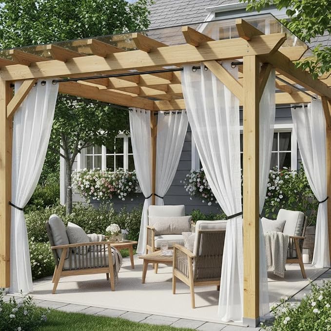 HolidayIdeas White Outdoor Sheer Curtains for Patio Waterproof 8 Panels-Linen Semi Voile Indoor Sheer Curtains, Light Filtering Privacy Drapes for Living Room, Gazebo, Porch, Balcony, Pool 54"x84"