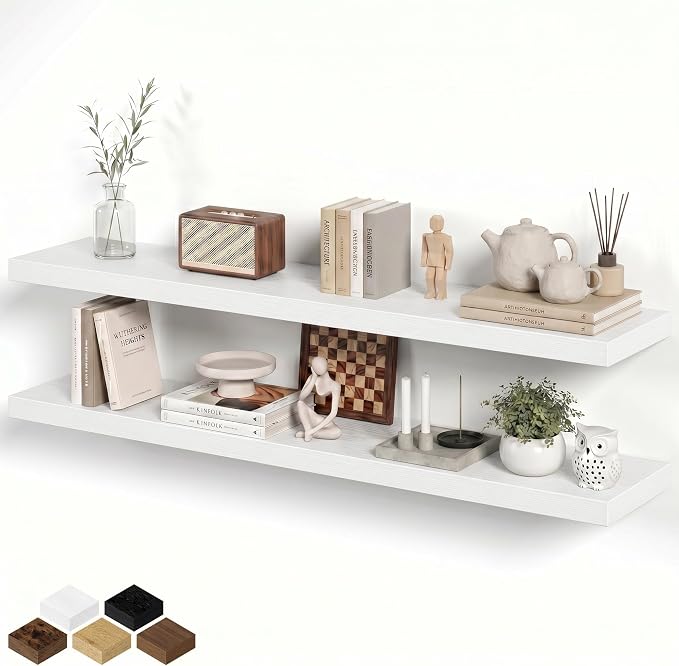 Fun Memories 55 Inch Long Floating Shelves for Wall, 8" Deep Floating Shelves for Bathroom Living Room Bedroom, Rustic Wall Mounted Shelf with Invisible Heavy-Duty Bracket, Set of 2, White