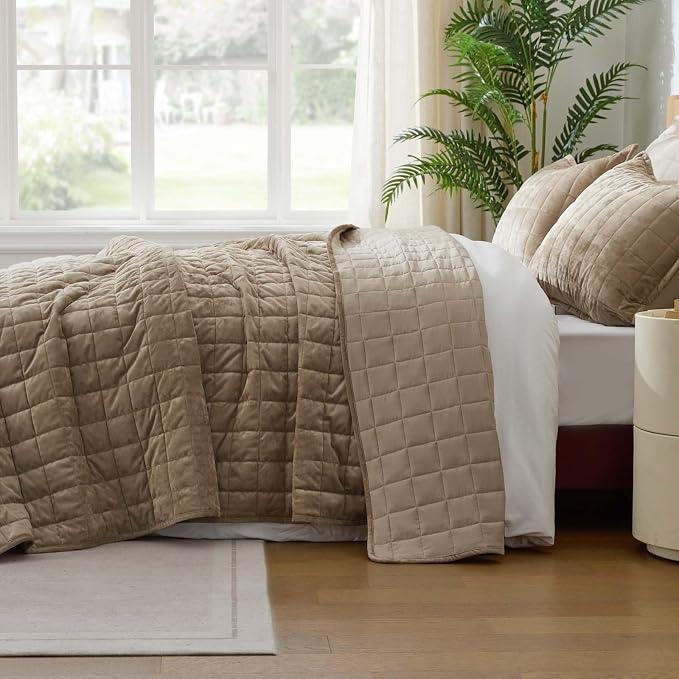 BEDELITE Velvet Quilt Set Queen Size - Luxury Soft Velvet Comforter Bedding Set for All Season, Lightweight Quilted Box Stitch Oversized Bedspread Coverlet with 2 Matching Shams, Tan