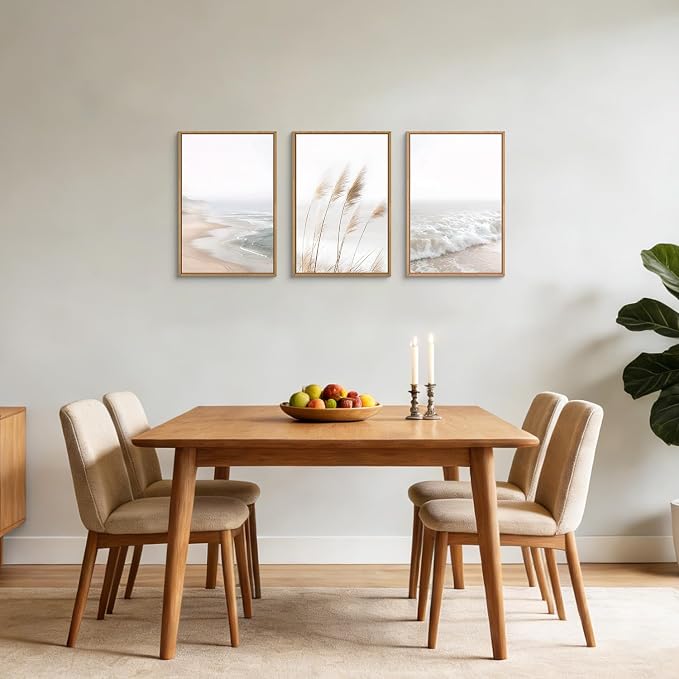 LHIUEM Large Neutral Coastal Reed Framed Canvas Wall Art,Modern Beach Natural Wall Decor,Boho Ocean Waves Picture,Minimalist Beige Seascape Artwork for Living Room,Bedroom,Dining Room -24"x36"x3