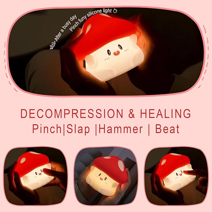 YR YRHH-PET Mushroom Night Light, Cute Hug Mushroom Decor Lamp, Led Squishy Soft Silicone Night Lamp, Dimmable Rechargeable Portable Touch Nightlight for Kids Sleep, Nursery Room Cute Christmas Gifts