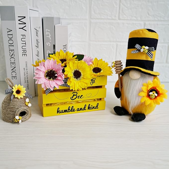 Bee Decor, Wood Bee Crate Decorations, Humble Bee Gnome Plush with Honey Dipper,Rustic Farmhouse Bee Tiered Tray Decor, Mini Wood Crate with Artificial Sunflowers Decor, Summer Decorations for Home