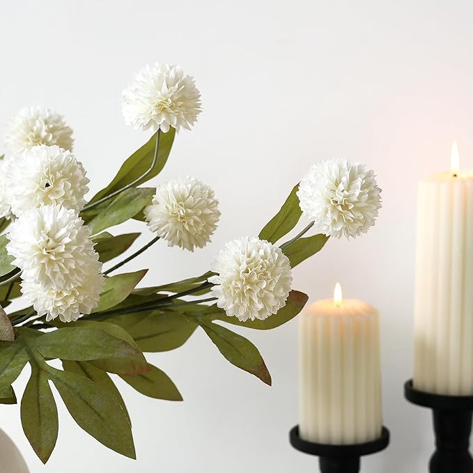 VIERENA 6 Pcs Faux Silk Pompon Mum Artificial Flowers for Vase -27", Bulk Fake Chrysanth Branches with Stems for DIY Bouquet Centerpieces Wedding Fillers Arrangements Shower Decorations (Cream)