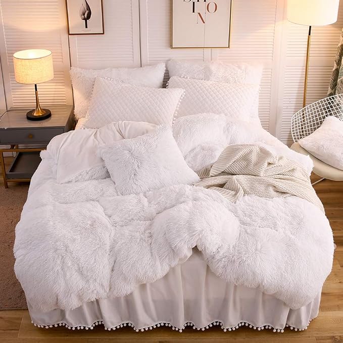LIFEREVO Luxury Plush Shaggy Duvet Cover Set, Soft Fluffy Furry Duvet Cover Set(1 Faux Fur Fuzzy Comforter Cover + 1 Pom Poms Velvet Pillow Case) Solid Bedding Set, Zipper Closure(Twin/Twin XL,White)