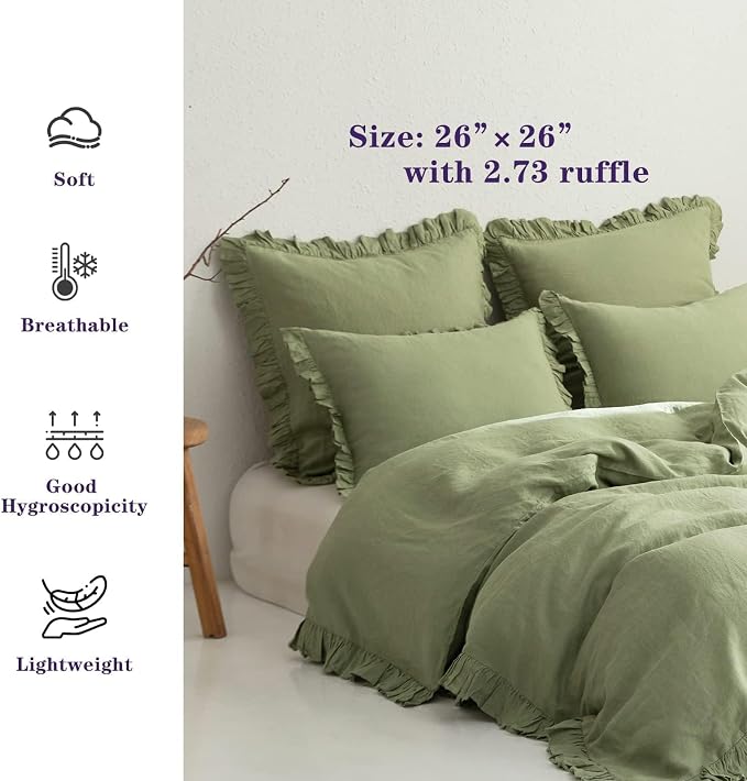 Simple&Opulence 100% Linen Euro Sham Covers with Ruffle, 26x26 Inch Pillow Covers Set of 2, Euro Pillow Shams for Bed Couch French Home Decor Luxury and Breathable Square Pillow Cases, Sage Green