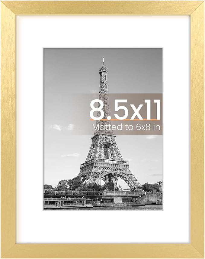 upsimples 8.5 By 11 Picture Frame, Display Pictures 6x8 with Mat or 8.5 x 11 Without, Wall Hanging Photo Frames, Gold, 1 Pack
