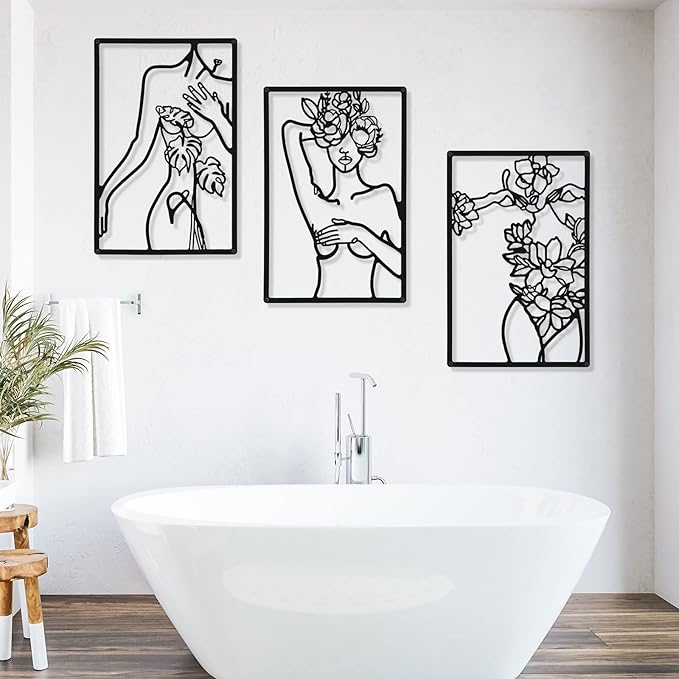 CHENGU 3 Pieces Metal Minimalist Abstract Woman Wall Art Line Drawing Wall Art Decor Single Line Female Home Hanging for Kitchen Bathroom Living Room