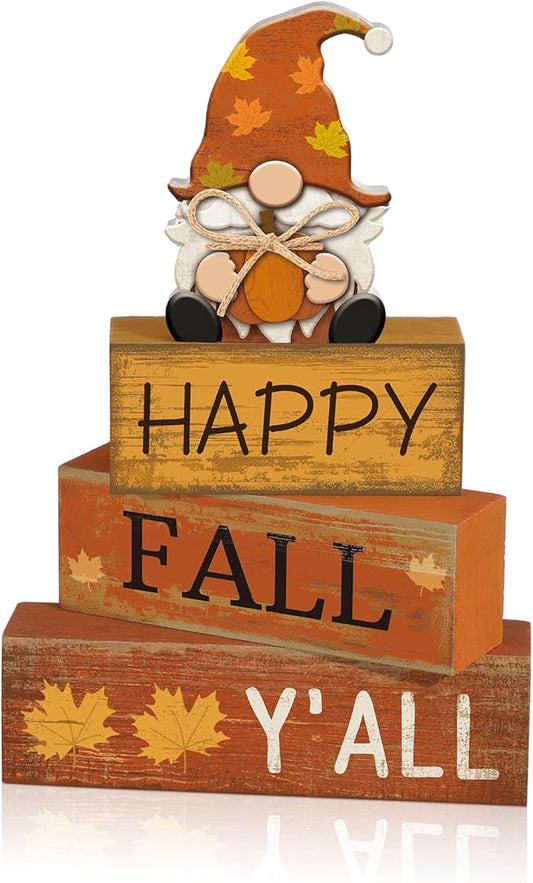 Lineshading 4 Pcs Fall Decorations for Home Wooden Gnome Block Sign Thanksgiving Tiered Tray Decor Thanksgiving Centerpiece Rustic Fall Table Decor for Autumn Harvest Party Home Kitchen Decorations