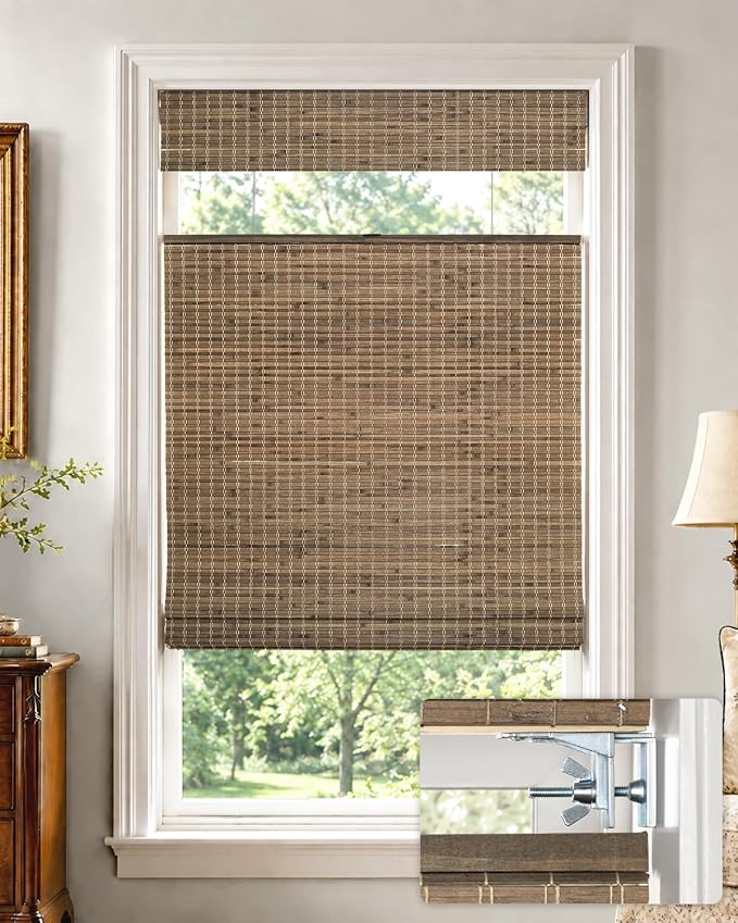 UNISHADES No Drill Cordless Bamboo Roman Shades, 24×64 in, Driftwood | Room Darkening Top Down Bottom Up Window Blinds for Indoor Windows