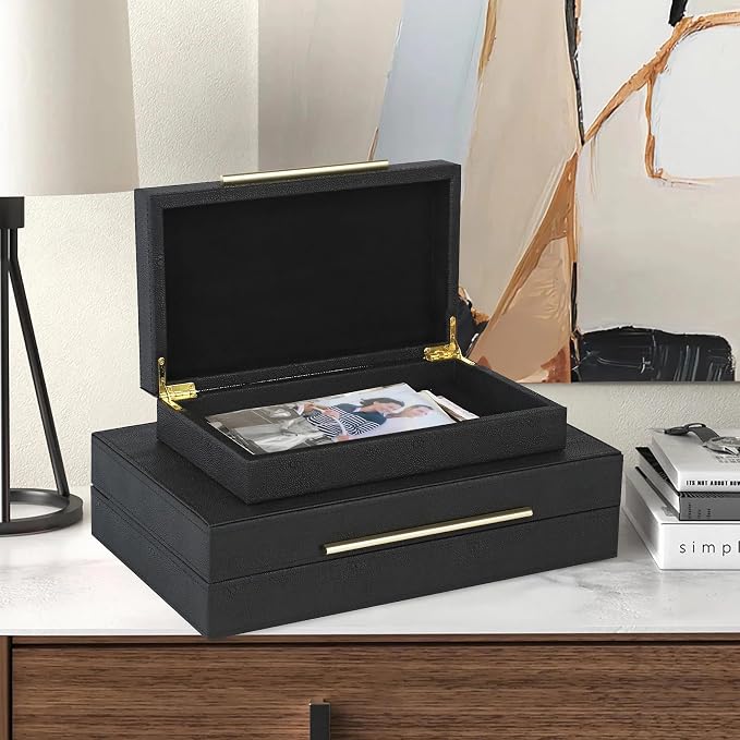 HofferRuffer Faux Leather Decorative Boxes Set of 2, Large Nesting Keepsake Box Accessory Organizer Jewelry Organizer with Hinged Lid, Stacking Storage Box Container for Home or Office (Black)