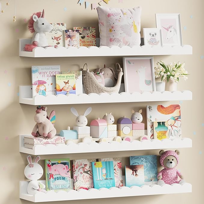 Yirilan 4-Pack 23.5IN Scalloped Shelves, Nursery Shelves for Wall, Floating Nursery Book Shelves for Kids, White