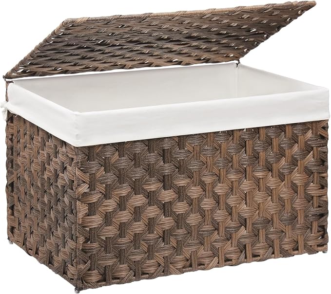 Wicker Storage Basket with Lid, 52.8 Gallon (200L) Large Blanket Basket with Lid, Woven Storage Bin with Handles, Removable Liner, Metal Frame, Foldable, for Bedroom, Laundry Room, Brown