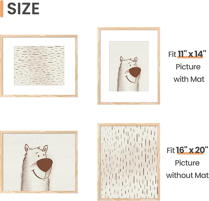 upsimples 16x20 Picture Frame, Display Pictures 11x14 with Mat or 16 x 20 Without, Wall Hanging Poster Frame, Natural, 1 Pack