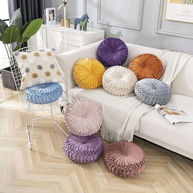 vctops Yellow Velvet Seat Cushions Round Floor Pillows Thicken Chair Cushions Pleated Chair Pads Seat Pad Throw Pillows for Bedroom Living Room (Yellow,Diameter 15")