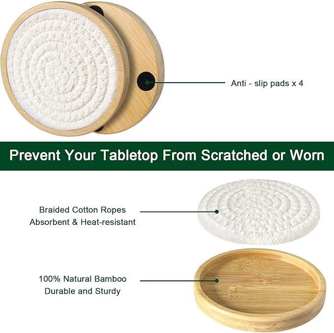 Eykao Bamboo Coasters for Drinks, Absorbent Coaster Sets of 5, Woven Drink Coasters for Coffee Table, Housewarming Gift for Farmhouse Home Decor,4 inches (White Series)