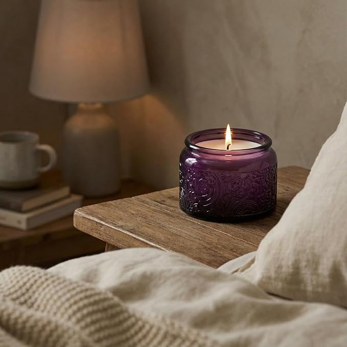 4 oz Purple Sun Moon Stars Candle Jars with Bamboo Lids, 18 Pack | Patented Embossed Design, Includes Wick Centering Devices & Warning Labels, Multiple Color Options