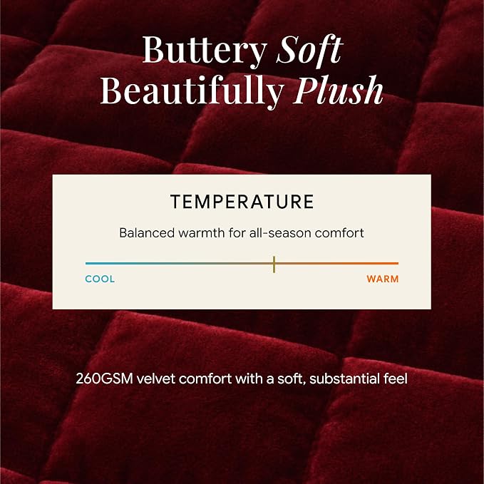 Tribeca Living Luxury Velvet Quilt Queen Size Set - 260GSM Ultra-Soft Oversized Velvet Bedspread Comforter Set with 2 Shams, in Florence Burgundy
