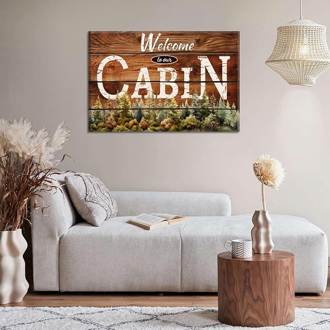 Cabin Wall Art Rustic Farmhouse Forest Wall Decor for Living Room Vintage Brown Wooden Grain Background Prints Welcome to our Cabin Picture Modern Artwork Bedroom Living Room Home Decorations 24x36"