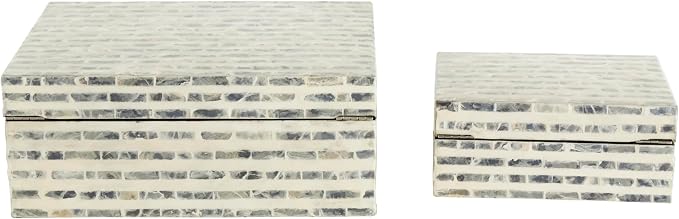 Deco 79 Mother of Pearl Shell Geometric Handmade Decorative Box Linear Mosaic Storage Decorative Keepsake Box with Cream Underlay, Set of 2 Storage Box 12", 8"W, Cream