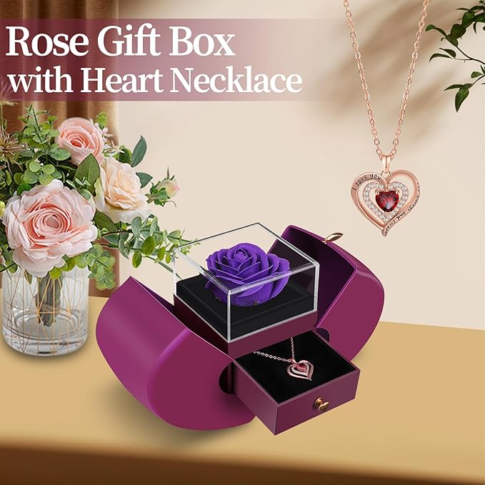 Preserved Purple Real Rose with Heart Necklace, Forever Flowers Rose Valentines Day Gifts for Her, Girlfriend, Wife, Mom, Women, on Mothers Day, Birthday, Anniversary, Thanksgiving, Christmas