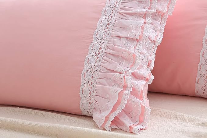 2-Pack Pink Pillow Shams Cases Covers with Ruffles and Lace Cotton King Size 20"X36"Soft Boudoir Luxurious