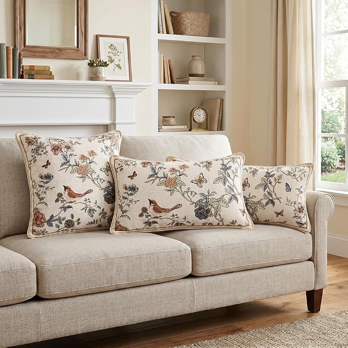 ISAENNE Designer Linen Throw Pillow Cover,Set of 2,20"x12"-Cornucopia A | Elegant French Rectangle Pillow Cover,Concealed Zipper,Floral and Bird Pattern,Sofas,Bedroom,Living Room,Lounge Chairs